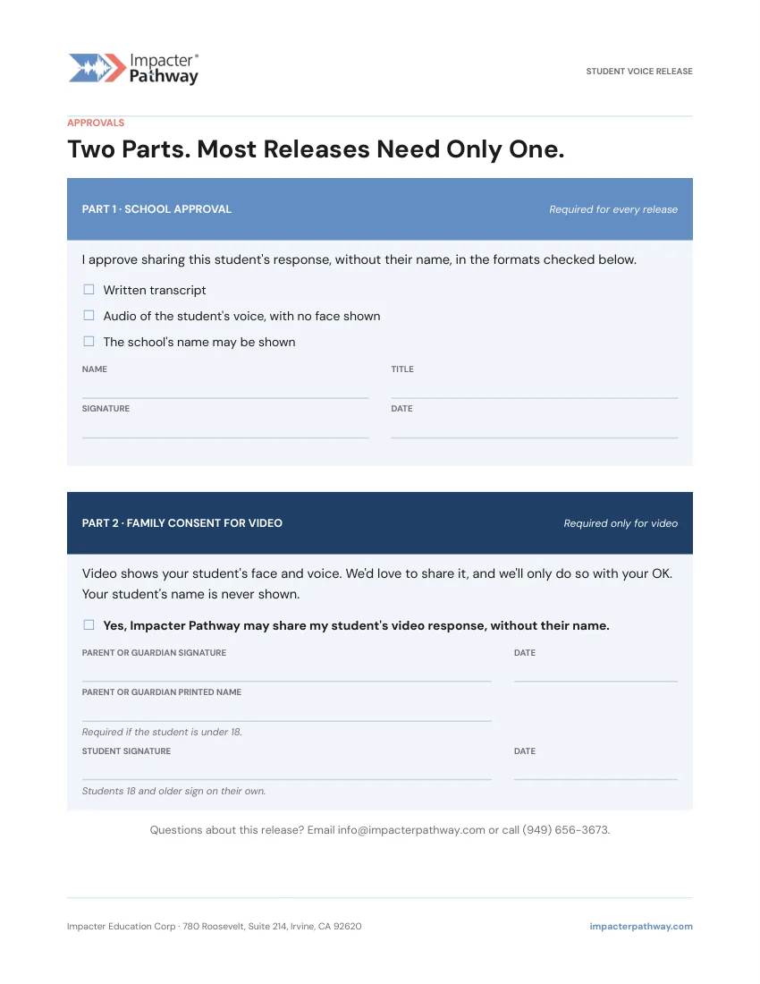 Student Voice Release, page 2: school approval and family consent for video.