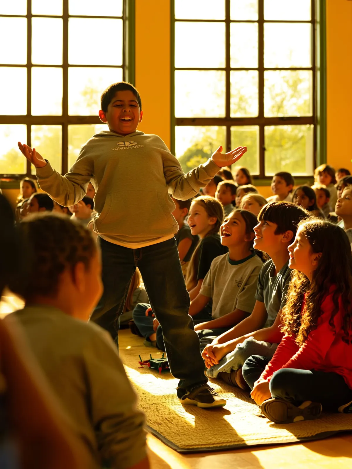 A student stands in front of classmates, explaining an idea with open hands while they lean in and smile.