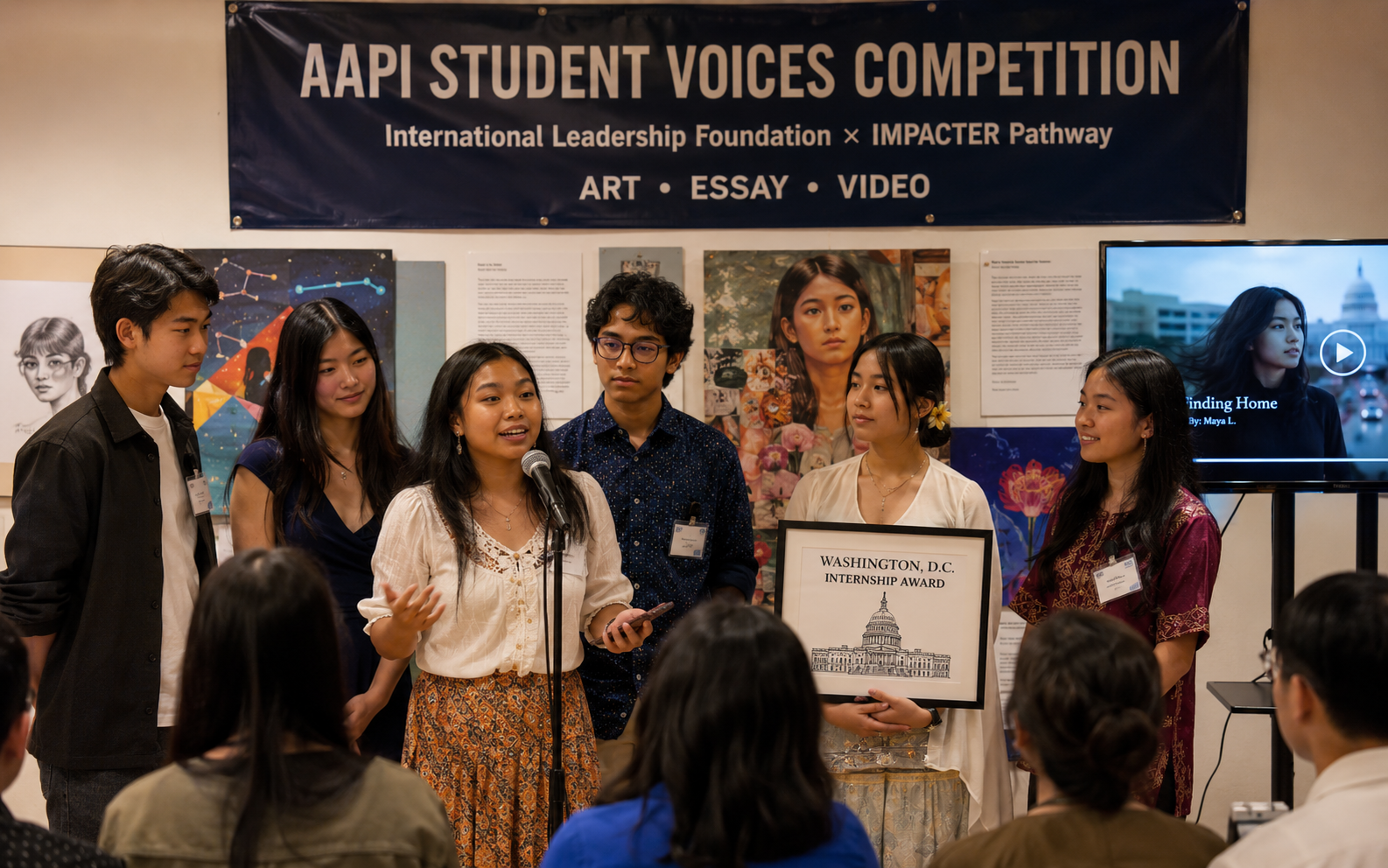 Students at the AAPI Student Voices Competition award ceremony, one holding a Washington D.C. internship award