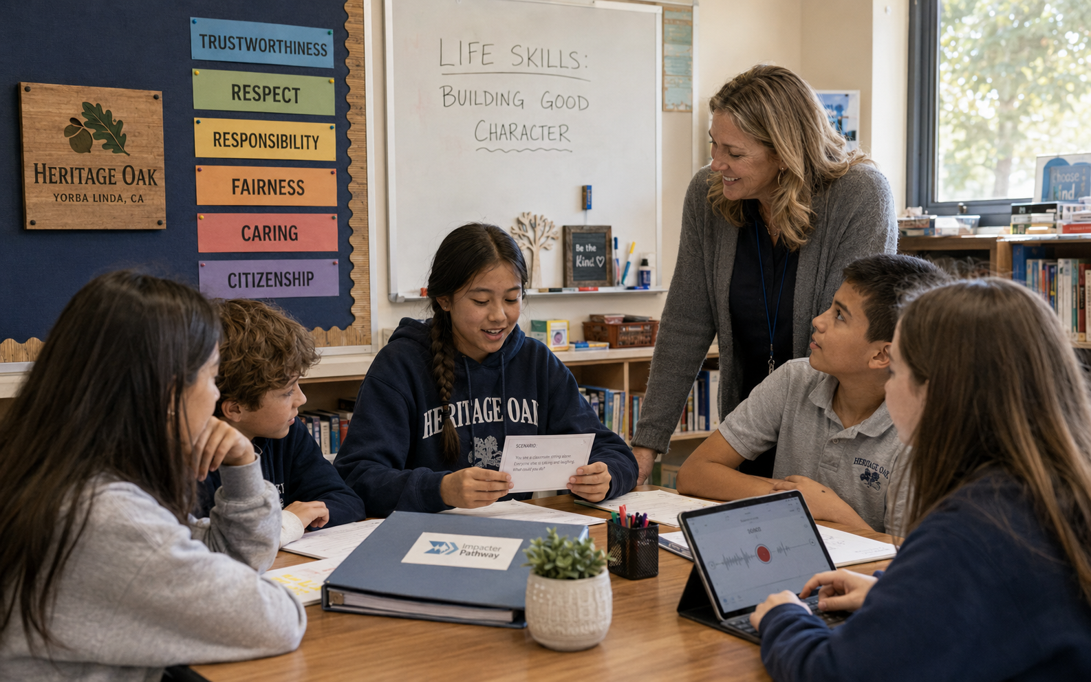 Heritage Oak students in a Life Skills class discussing a character-building scenario