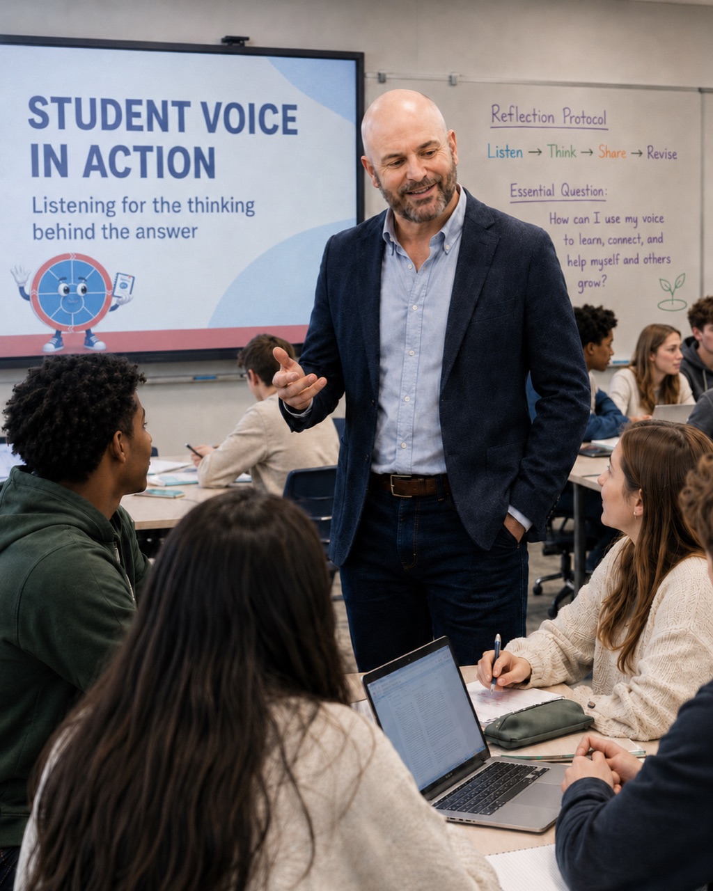 Josh talking with students in a classroom